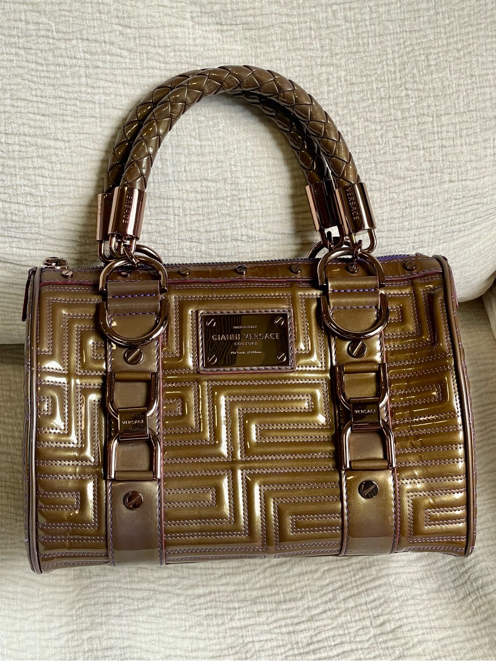 Versace Madonna Boston Metallic Bronze Geometric Quilted Satchel